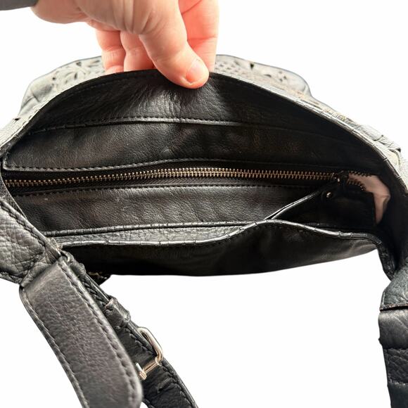 Isabella Fiore Black Leather Laser Cut Floral Shoulder Hobo Bag - Picture 10 of 16